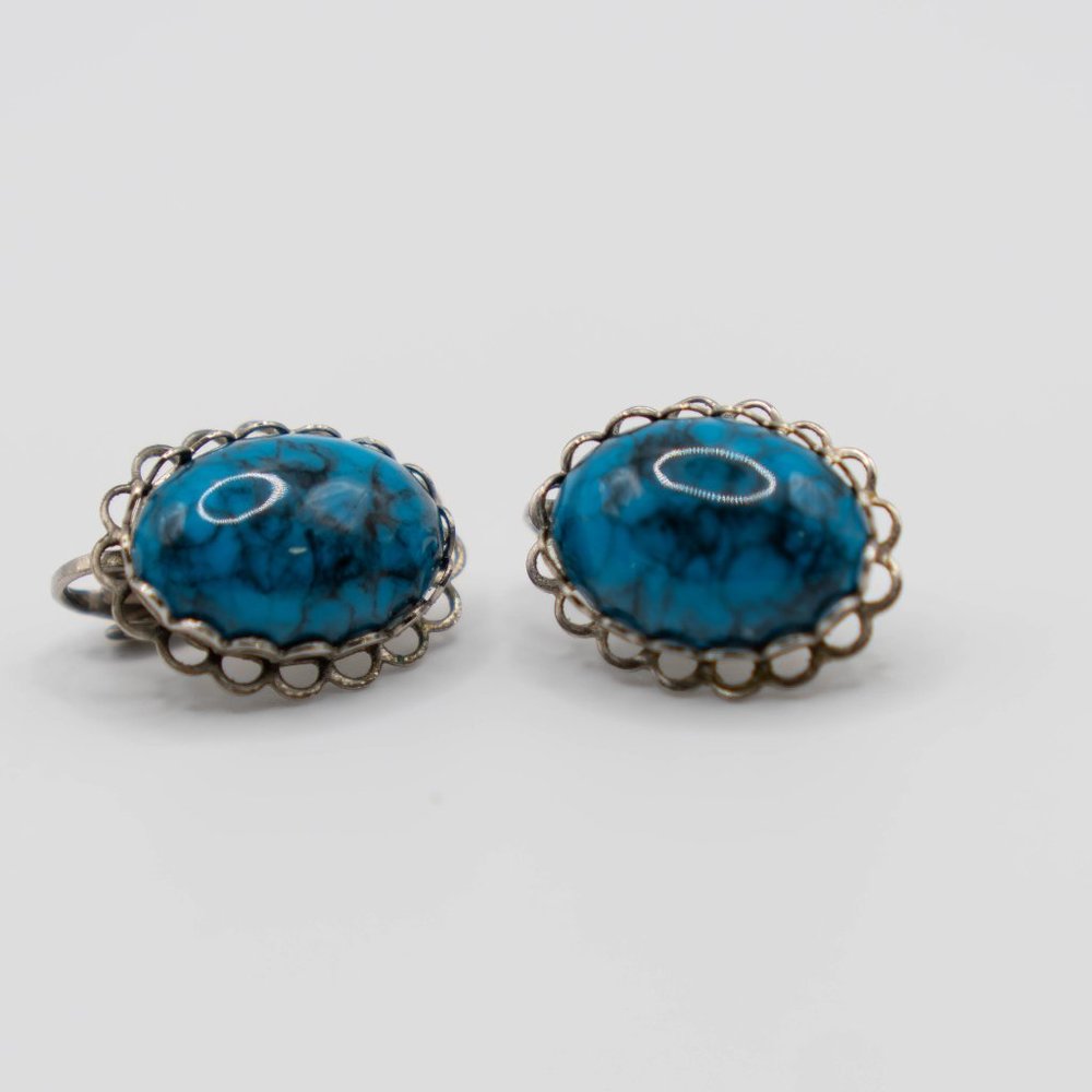 Vintage Turquoise Colored Stone in Silvertone Filigree Setting